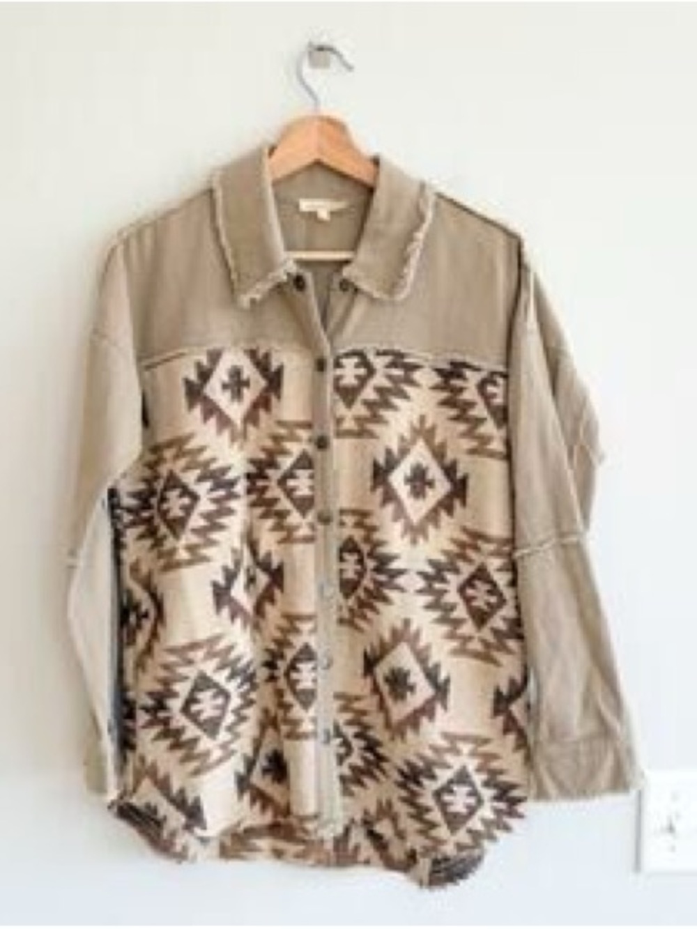 Beige Southwestern Button-Up Varsity Jacket